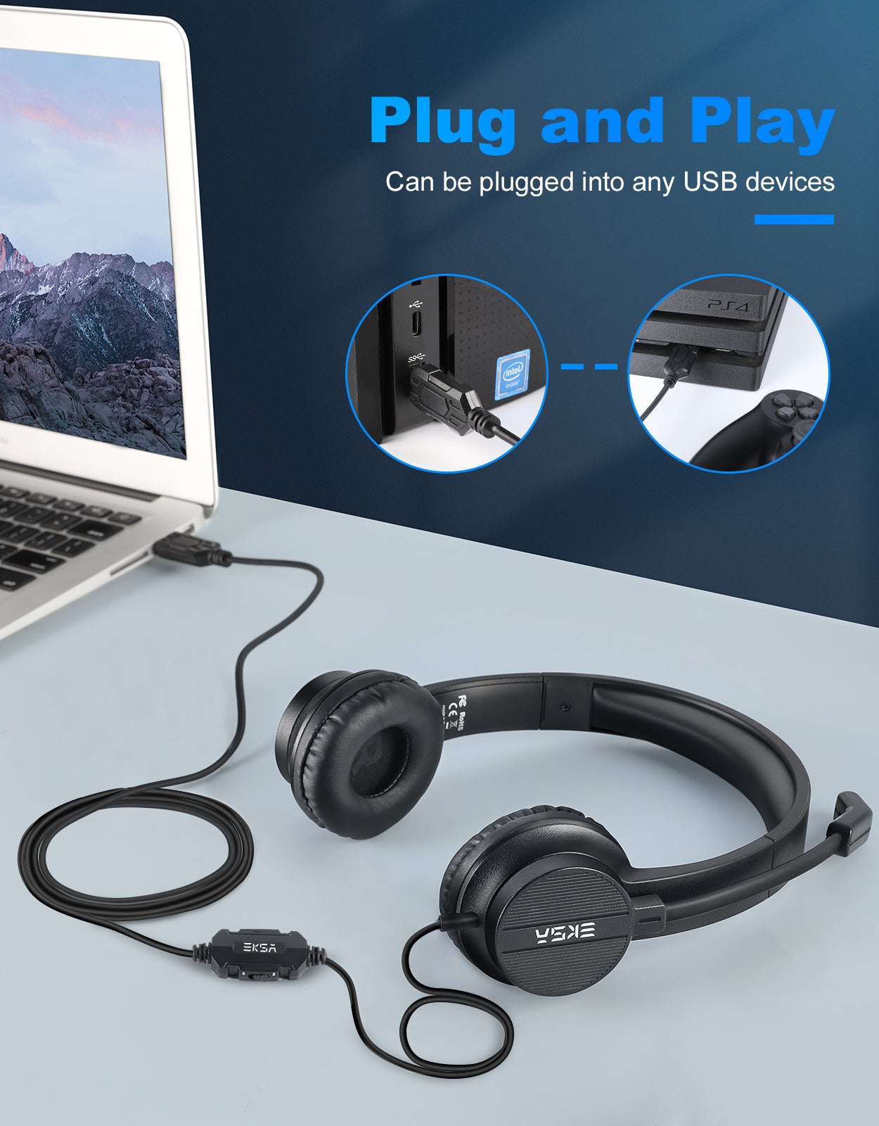 EKSAtelecom H12 3.5mm Stereo Headset For Call Center, Office, Webinar